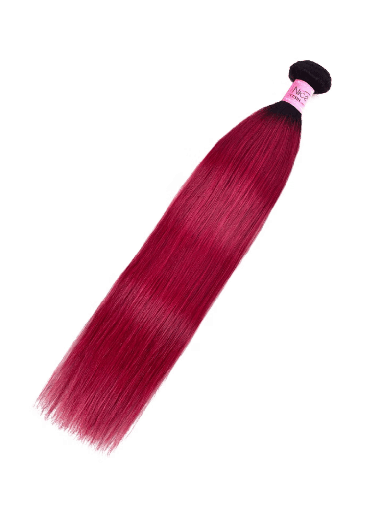 The UNice Pre-Colored Human Hair Weave #TB Burgundy Color Body Wave & Straight Hair bundles image highlights IN, a red straight hair extension and body wave texture.