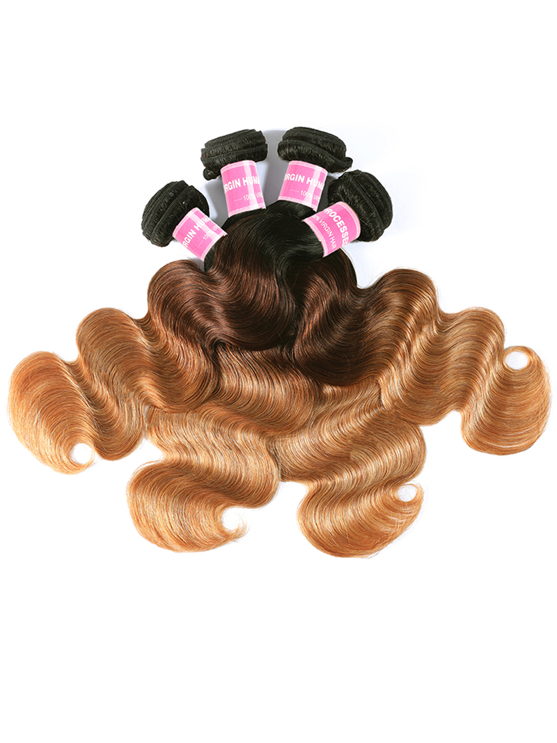 The UNice Brazilian Ombre 4Pcs Body Wave Remy Human Hair Bundles image highlights RGINH, a blonde colored hair and body wave texture, ombre, bundle fullness.