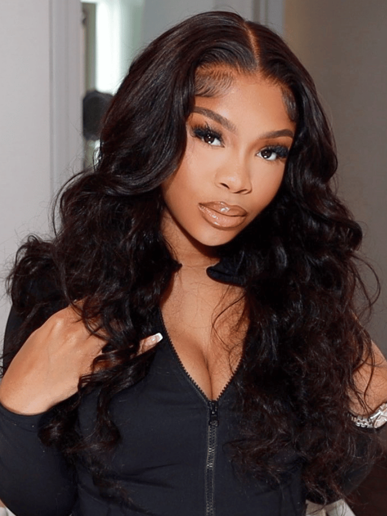 A model displays the UNice 7x5 HD Lace Bye Bye Knots Body Wave Glueless Wig 180% Density, showing a model with long black hair and body wave texture, 7x5, glueless wear.