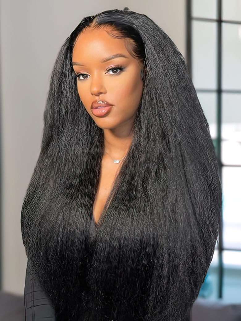 The UNice Beginner Friendly Kinky Straight U Part Glueless Wig Brazilian Natural Black Wig visual image position 3 shows a model with long black hair | kinky straight.