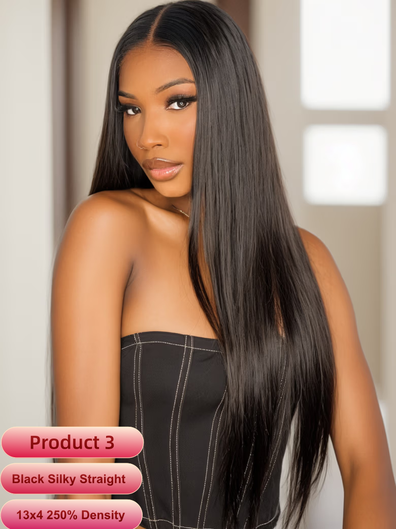 A model displays the UNice 13x4/13x6 HD Lace Frontal Straight/ Deep Wave/ Curly Wig 180%-250% Density, showing a model with long black hair and a black dress and deep.