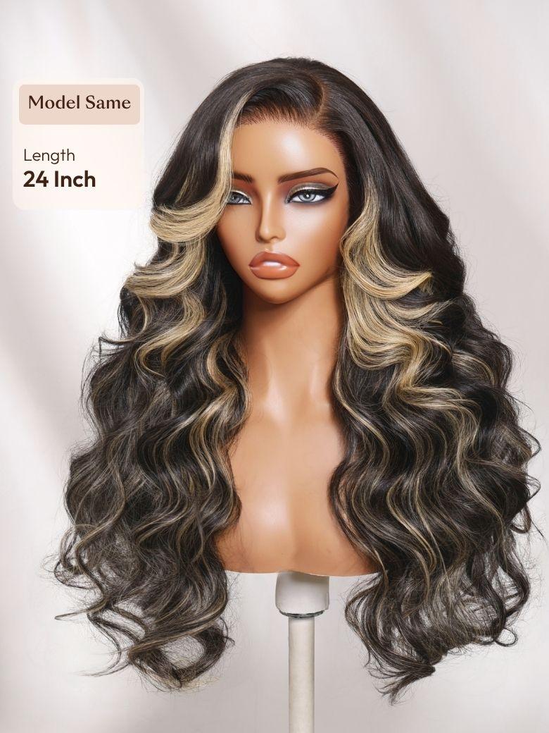 A model displays the UNice 7x5 Bye Bye Slip Lace Black With Blonde Face-Framing Highlights Body Wave Wig, showing a wig with long wavy hair and a brown base and body.