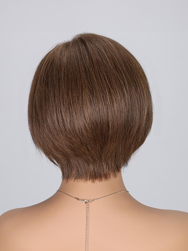 A model displays the UNice Graceful Resolute Monofilament Semi Hand Tied Chocolate Mix Short Hair Wig, showing a model with a short brown haircut.