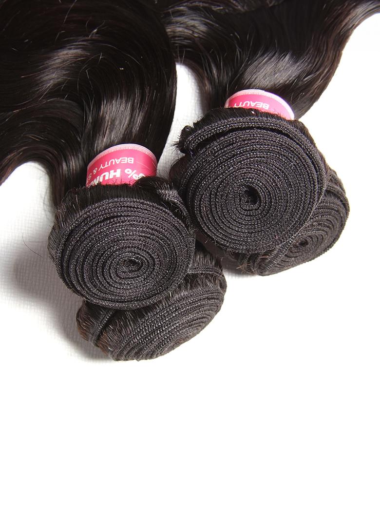 The UNice Hair Unprocessed 4 Bundles Body Wave Virgin Hair With 13x4 Lace Frontal image highlights BEAUTY, WnH%, a pair of virgin hair on a white background and body.