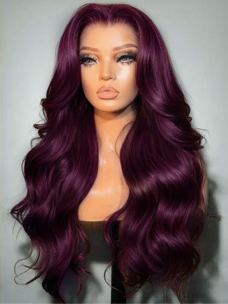 A model displays the UNice 7x5 & 13x4 Bye Bye Slip Glueless Lace Purple Black Cherry Loose Wave & Layered, showing a wig with long dark purple hair and loose wave.