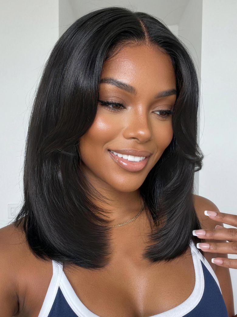 A model displays the UNice 7x5 Bye Bye Slip Lace Black Blowout Layered Bob Wig with Curtain Bang, showing a model with long black hair wearing a blue tank top and 7x5.