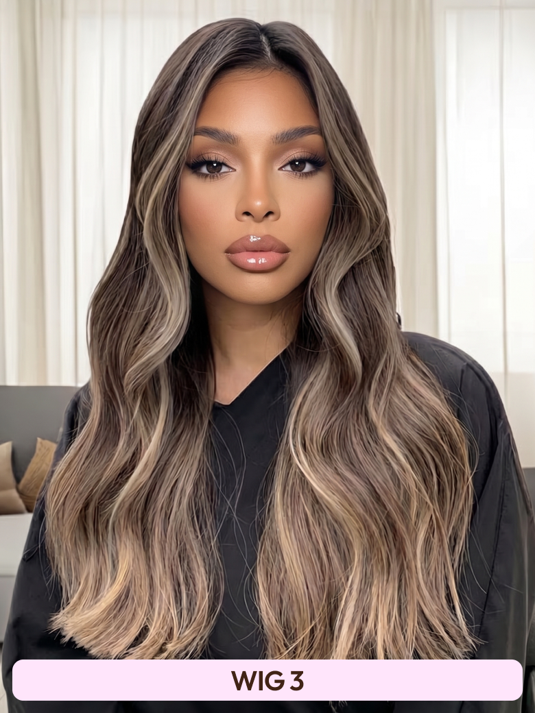 A model displays the UNice 13x6 Front Lace 180% Density Honey Highlight 20 Inch wig, showing a model with long wavy hair and a black top and highlight, 13x6, lace finish.
