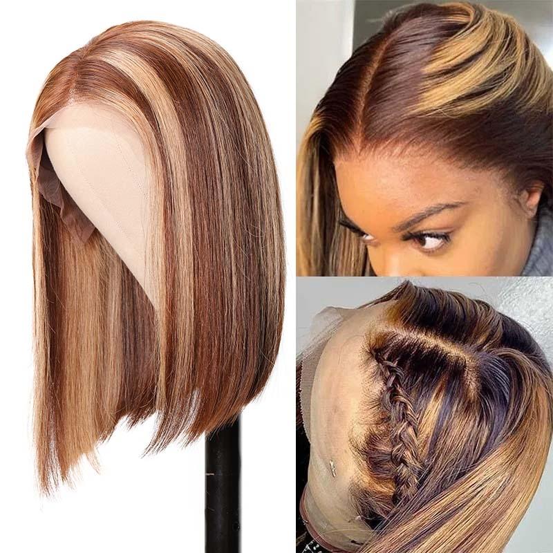 A model displays the UNice 13x4 Lace Front Ombre Color Highlight Straight Bob wig, showing a model with long hair and a ponytail and straight texture, ombre, highlight.