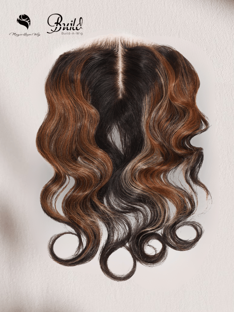 The UNice Light Brown & Golden Blonde Highlights Body Wave Replaceable Lace Closure For visual image position 2 shows a model with long hair and a brown and black wig |.