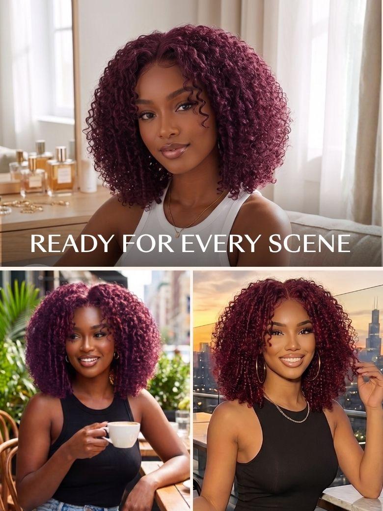 UNice Black Cherry Afro Kinky Curly Wig With Finger Coil Ends Bye-Bye Slip™ 7x5 Glueless Wig Throw and Go