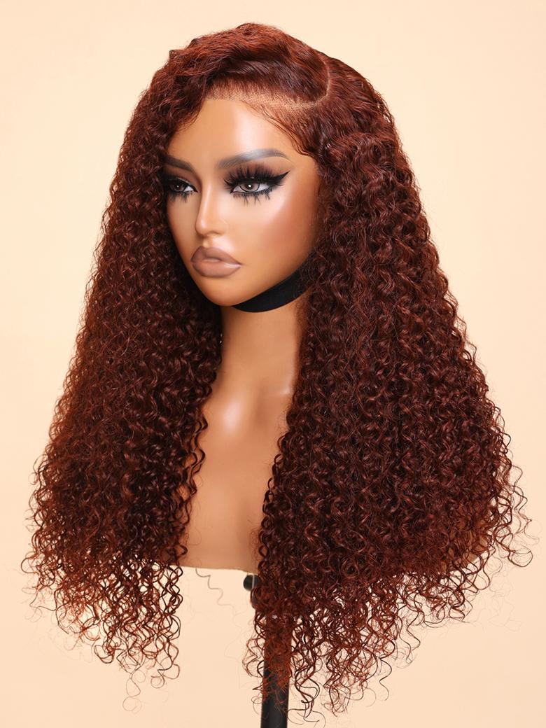 The UNice 13x4/7x5 Glueless Lace Bye Bye Knots Wig Reddish Brown Curly Wig With Bleached visual image position 7 shows a wig with curly hair on a mann | curly texture.