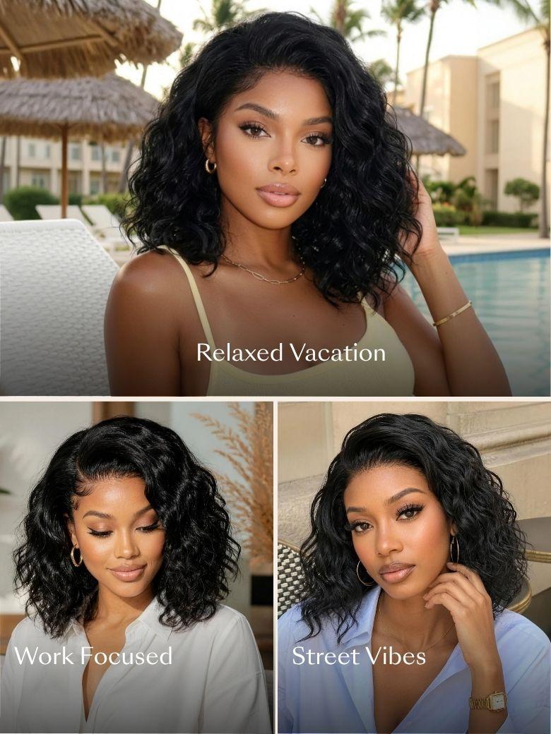 A model displays the UNice Allofdestiny Same UNice Bye Bye Slip 6x4 Glueless Lace "C" Side Part Loose wig, showing a model with long curly hair and a white shirt.