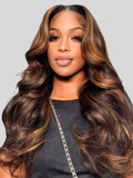 A model displays the UNice Brown Balayage 13x4 Lace Closure With 3Pcs Body Wave Bundles, showing a model with long brown hair and a black top and body wave texture.