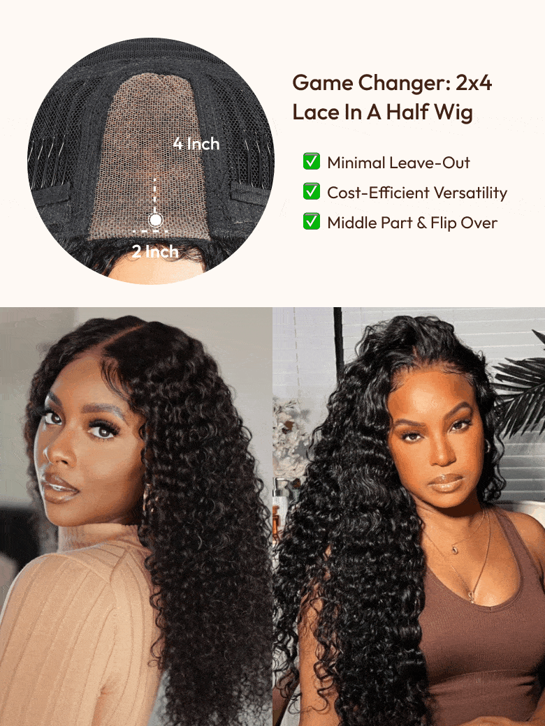The UNice Limited Time UNice Maxreal Half Wig 2x4 Lace Part Black Kinky Curly Wig image highlights GameChanger:2x4, Lace In A Half Wig, 4Inch, Minimal Leave-Out, lace.