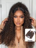A model displays the UNice #FB30 Brown Balayage Highlight 3Pcs Jerry Curly Human Hair Bundles, showing a model with curly hair and a brown sweater and jerry curl.