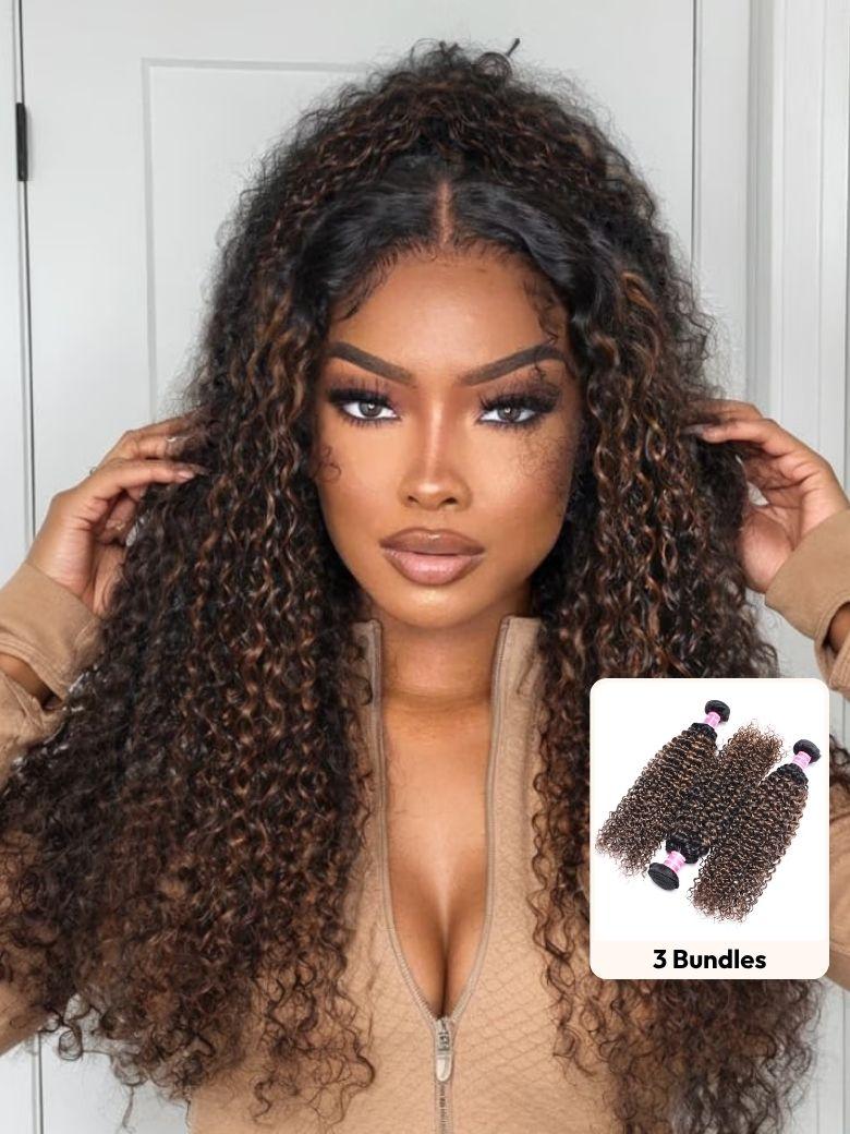 A model displays the UNice #FB30 Brown Balayage Highlight 3Pcs Jerry Curly Human Hair Bundles, showing a model with curly hair and a brown sweater and jerry curl.