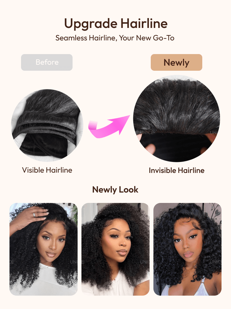 The UNice 7x5 Pre-Cut Lace 180% Density & 10 seconds flip-over Half Wig Water Wave With image highlights Upgrade Hairline, SeamlessHairline, YourNewGo-To, Before.