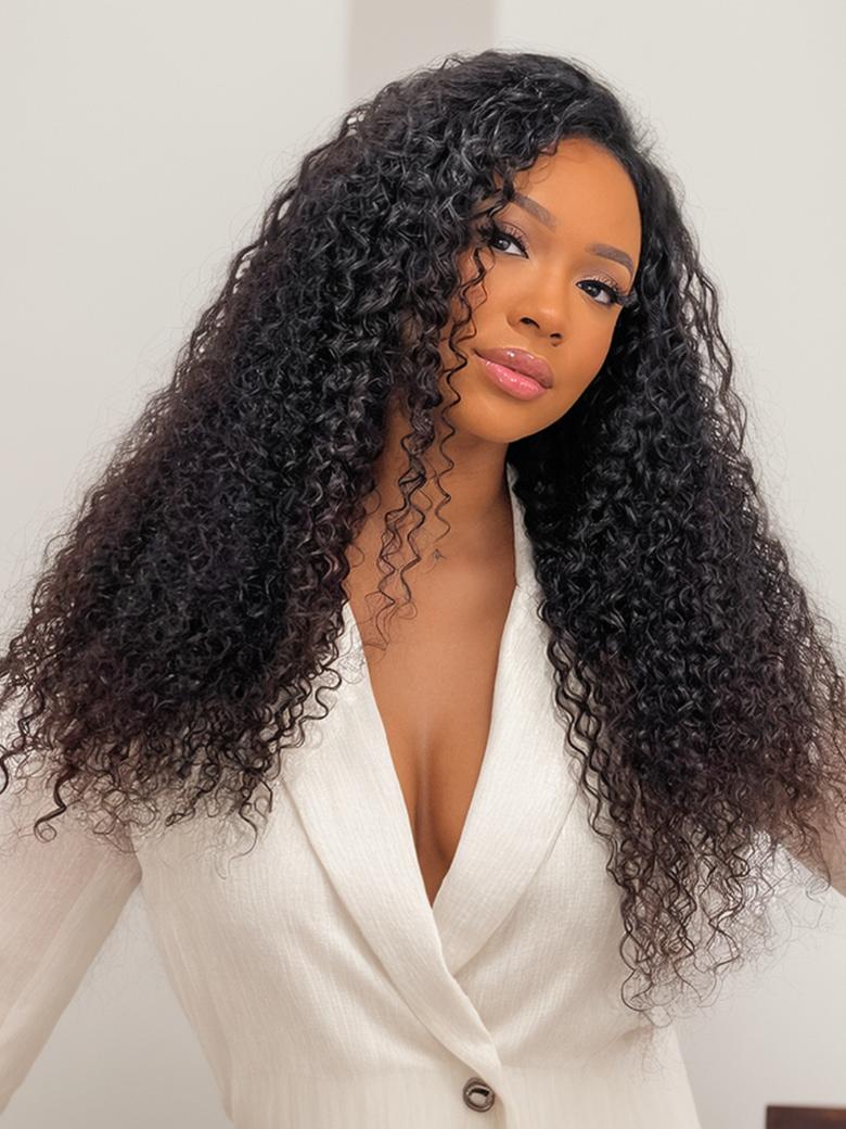 A model displays the UNice 13x4 Pre-Everything Lace Frontal Wig Kinky Curly Wig With Bleached Invisible Knots, showing a model with long curly hair standing in front.
