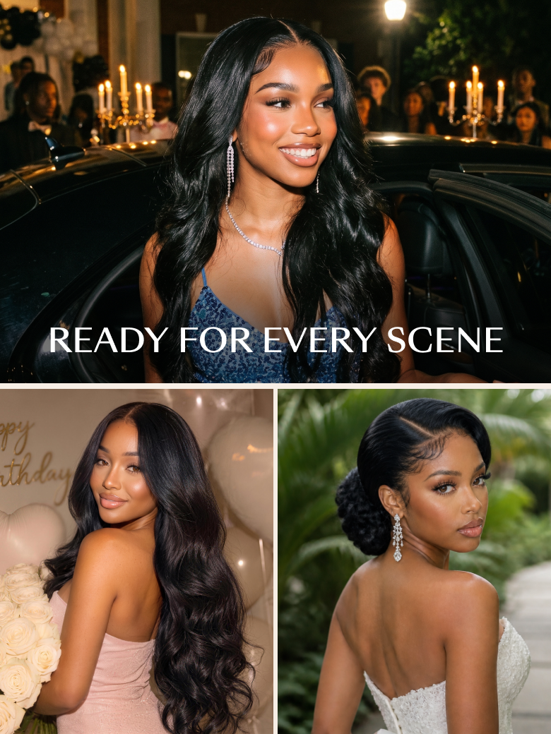 A model displays the UNice 13x4 HD Lace Bye Bye Slip Body Wave Wig - Human Hair Glueless Pull & Go Fit, showing a col of a woman in a wedding dress and body wave.