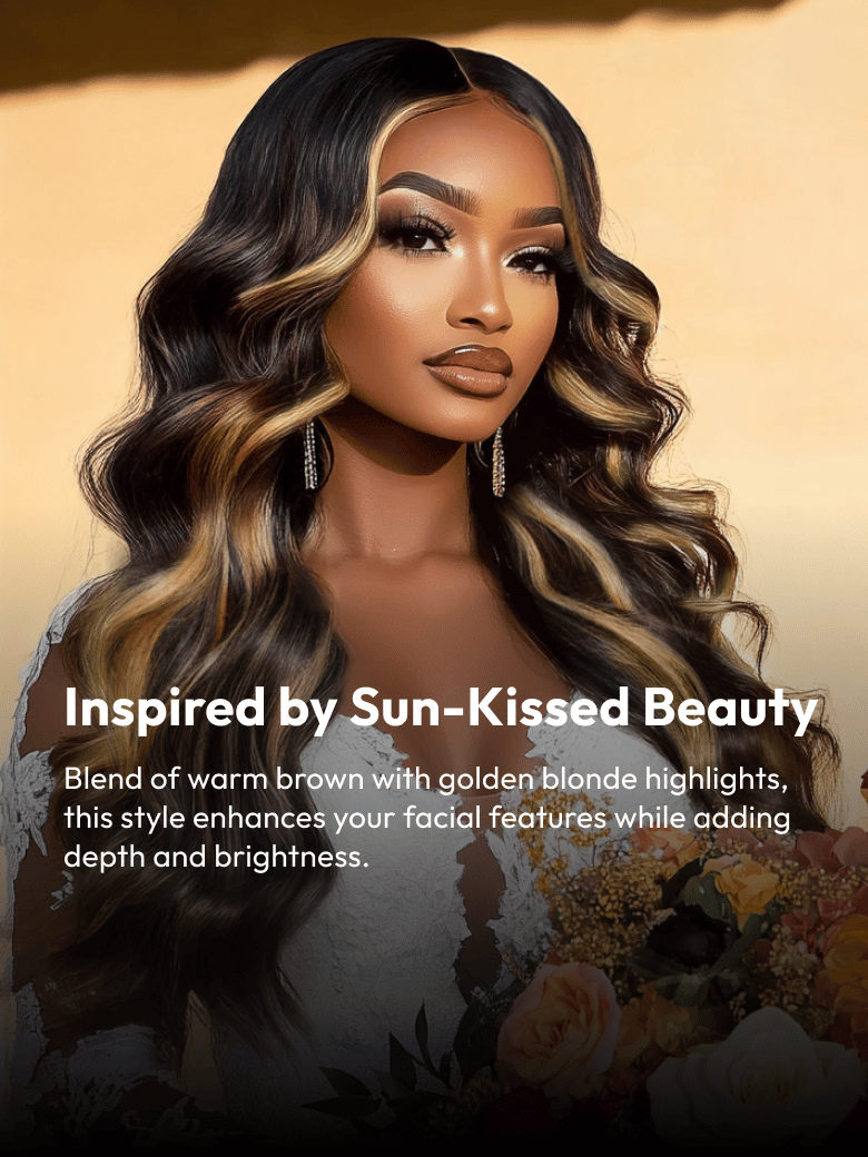 A model displays the UNice Loose Wave Butterscotch Highlights Brown Wig 150% Density Sun Kissed Color, showing a model with long hair and a white dress and loose wave.