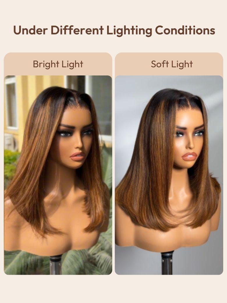 The UNice 13x4 Pre-Everything Brown With Blonde Piano Highlights Blunt Bob Wig with Dark image highlights Under Different Lighting Conditions, BrightLight, SoftLight.