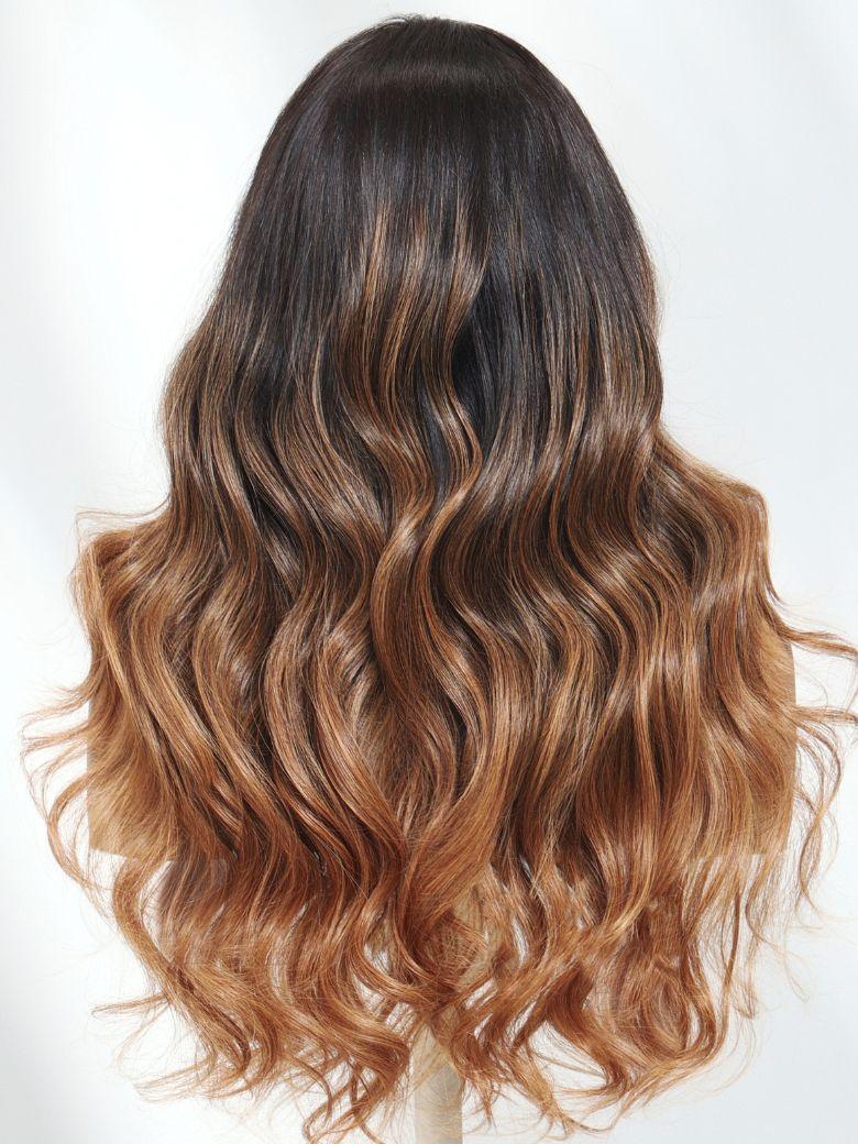 A model displays the UNice 18 Inch 13x4 Pre-Everything Autumn Black to Cappuccino Ombre Loose Wave Wig, showing a model with long wavy hair and brown and blonde.