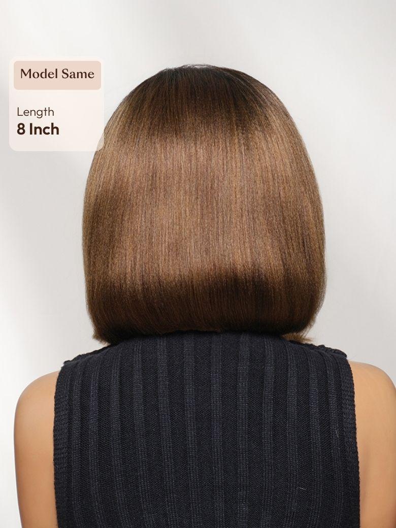 A model displays the UNice Bye Bye Slip 7x5 Lace Warm Brown with Beige Blonde Ribbon Highlights Layered wig, showing a model with curly hair and a black hair.