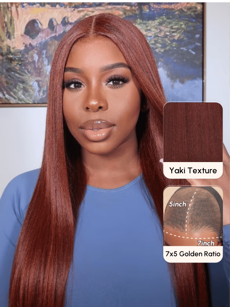 A model displays the UNice Warm and Sophisticated Reddish Brown Hair Paired With Yaki Textur7x5 Upgrade, showing a model with long red hair and a blue shirt and yaki.