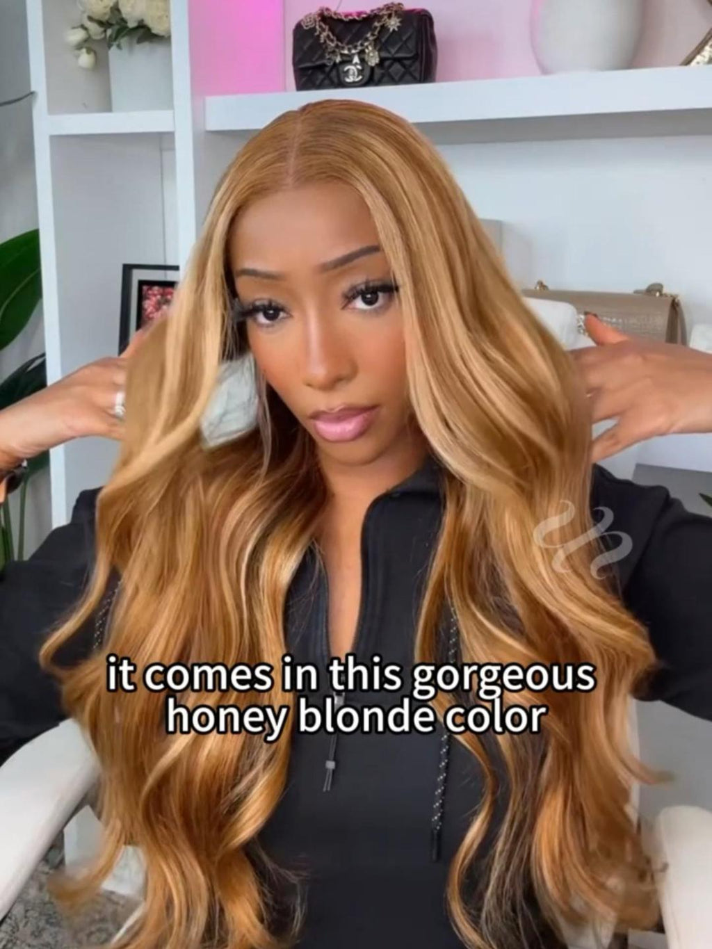 The UNice Bye Bye Knots Wig With Drawstring Pre-Cut 7x5 Glueless Lace & 13x4 visual image position 2 shows a model with long blonde hair and a black jacket | visible.