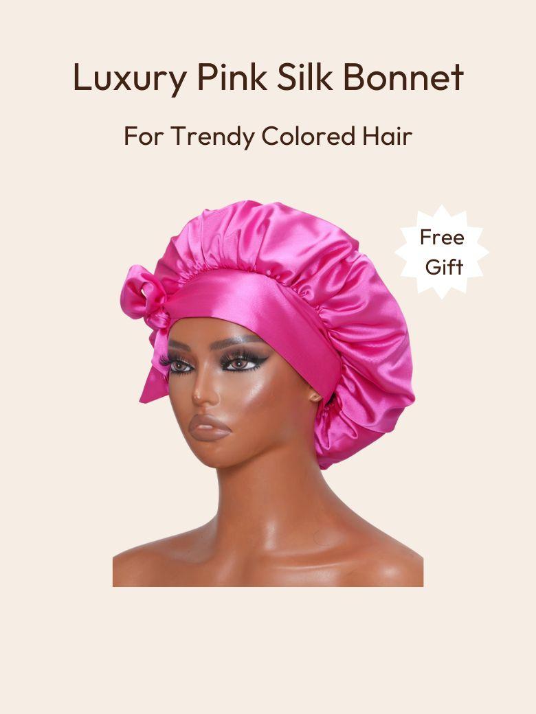 The UNice Bye Bye Knots Wig Pre-Cut 7x5 Glueless Lace & 13x4 Pre-Everything Honey Blonde image highlights Luxury Pink Silk Bonnet, ForTrendy Colored Hair, Free, Gift.