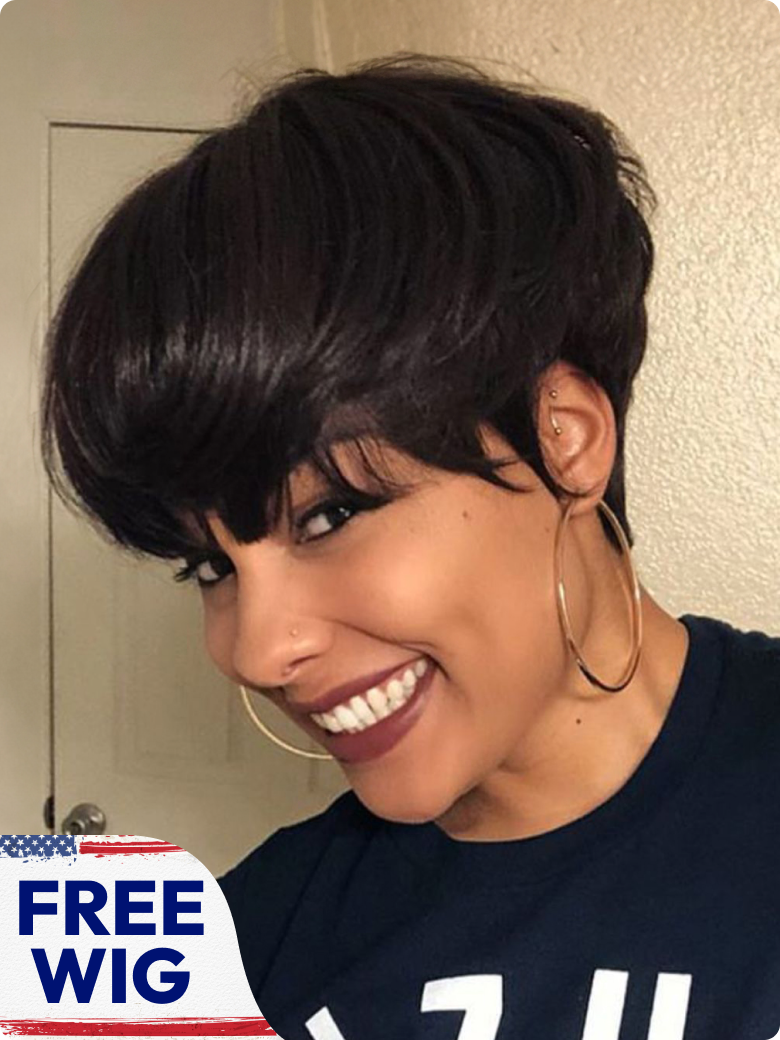 A model displays the UNice 7x5 Bye Bye Knots Lace Black Fluffy Natural Loose Wave Curtain Bangs Wig, showing a model with short hair and a black shirt and loose wave.