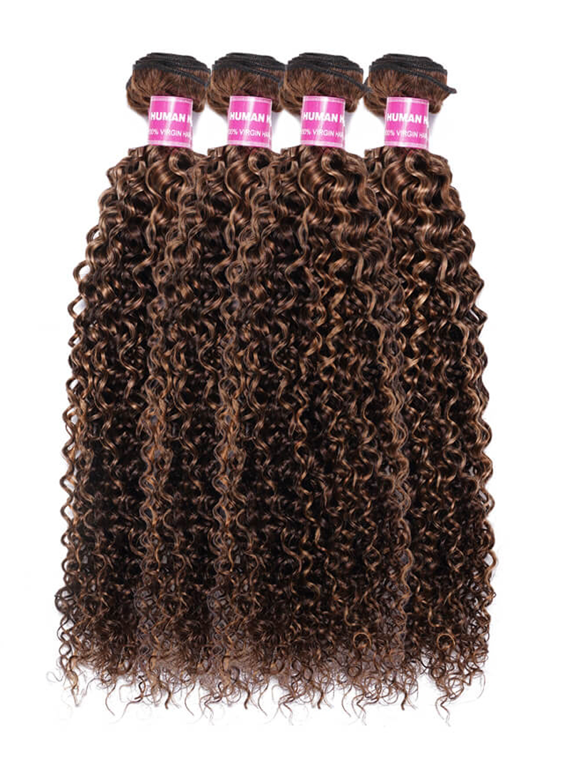 The UNice Blonde Highlight Piano Color 4 Bundles Of Curly Weave Hair Deal image highlights HUMANN, HUMANI, HUM, ANI, brazilian curly hair bundles and curly texture.