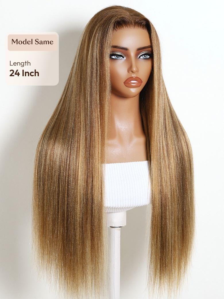 A model displays the UNice 13x4 Bye Bye Slip Lace Frontal Soft Ombre Caramel Brown Balayage Body Wave Wig, showing a wig with long wavy hair and body wave texture.