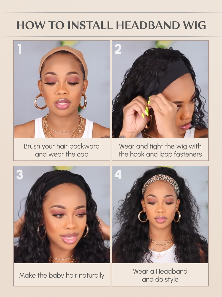 The UNice Balayage Highlight Ombre Color Body Wave Headband Wig 150% Density image highlights HOWTOINSTALLHEADBANDWIG, Brushyourhairbackward, Wearandtightthewigwith.