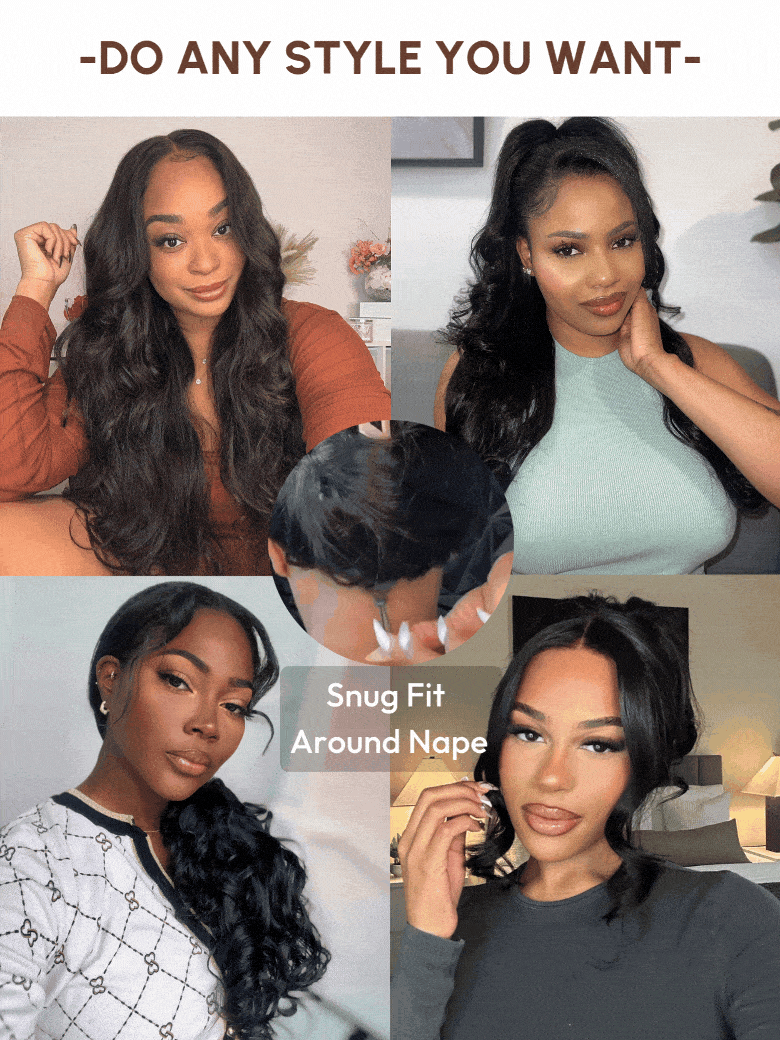 A model displays the UNice Invisi Drawstring UNice 13x4 Pre-Everything Transparent Lace & HD Lace Front wig, showing a col of a model with long hair and body wave.