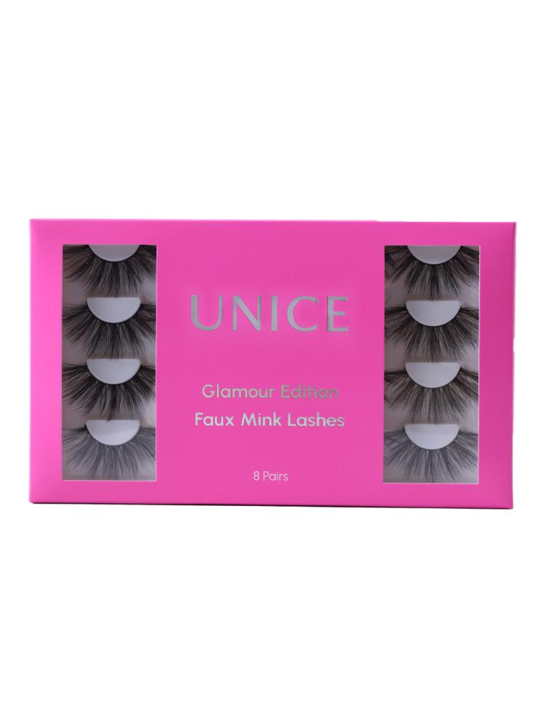 The UNice 8 Pairs 3D False Eyelashes Cat Eye Sexy Look Soft Reusable image highlights UNICE, Glamour Edition, Faux Mink Lashes, 8Pairs and the pink box with three false.
