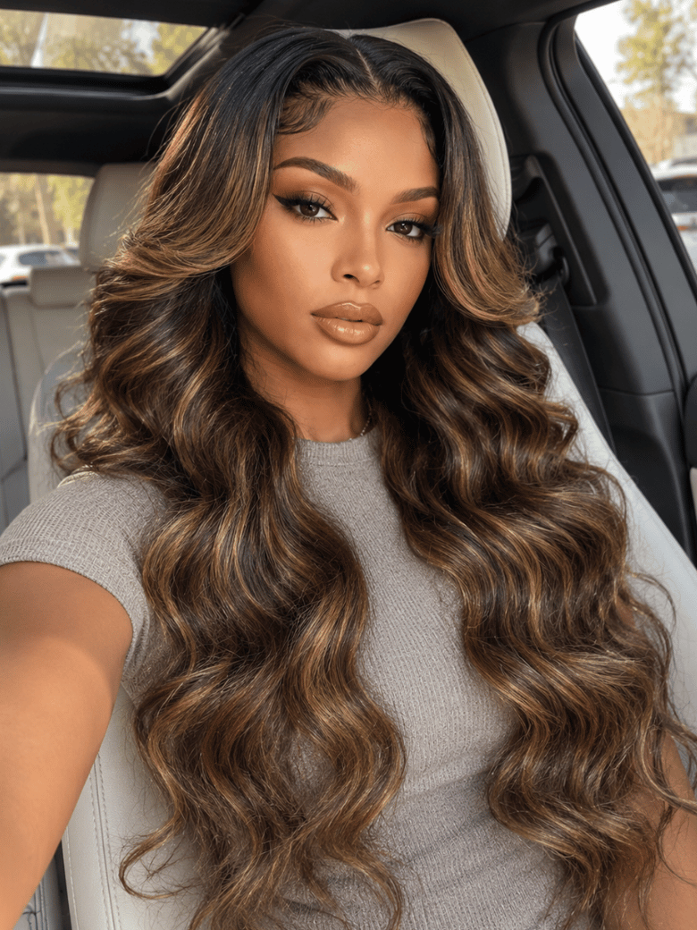 A model displays the UNice 7x5 Bye Bye Slip Balayage Highlight Body Wave & Curtain Bangs Wig - Glueless, showing a woman in a car with sunglasses on and body wave.