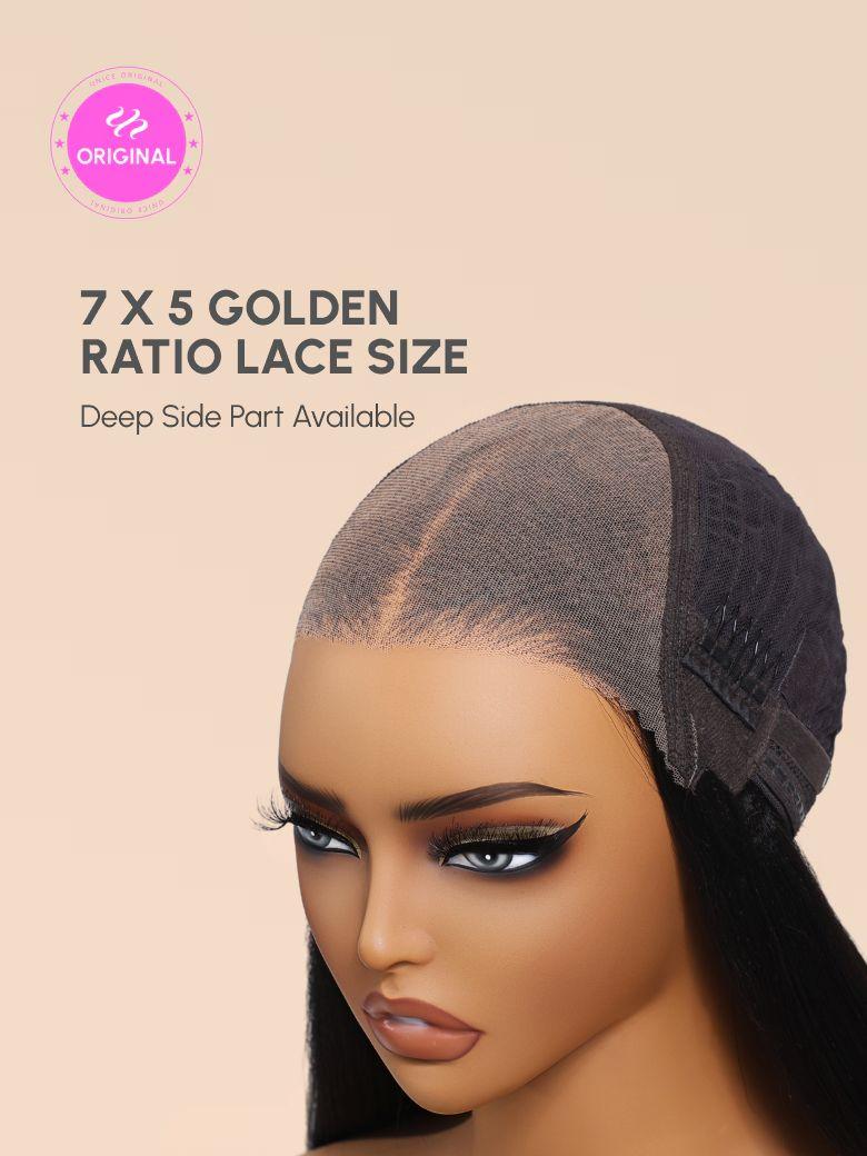 The UNice 7x5 Black Brown Money Piece Fluffy Loose Wave Curtain Bangs Wig image highlights ORIGINAL, 7X5GOLDEN, RATIO LACE SIZE, DeepSidePartAvailable, the front view.
