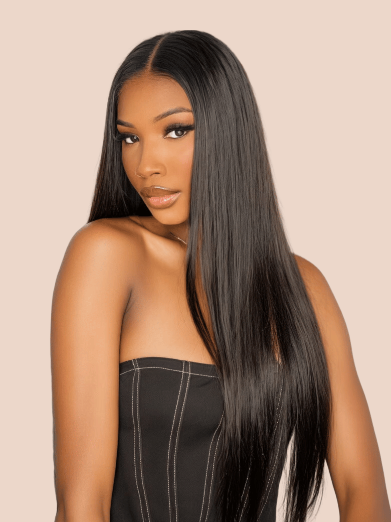 A model displays the UNice Straight Hair Lace Wig Pre-plucked 150% Density 4x0.75 Lace Part Wig, showing a model with long black hair wearing a black dress and straight.