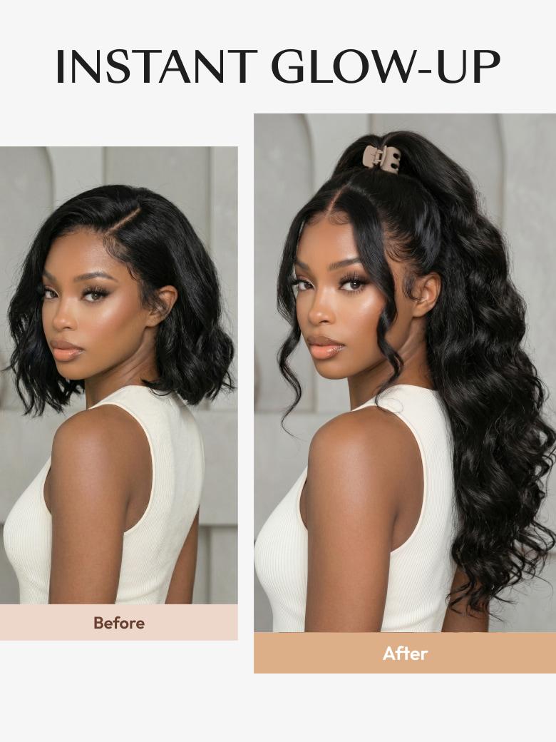 A model displays the UNice 7x5 Bye Bye Slip HD & Transparent Glueless Lace Body Wave Lace Front wig, showing instant instant instant instant instant instant instant.