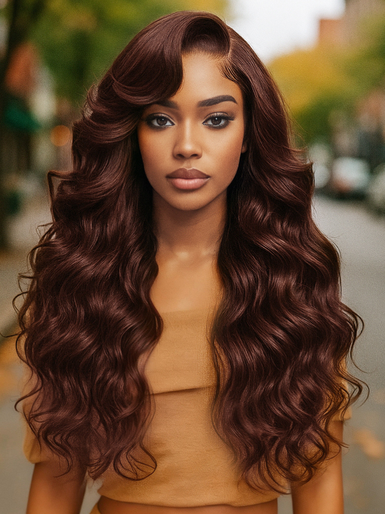 A model displays the UNice Glueless Human Hair Bye Bye Knots 7x5 Lace Dark Auburn Side Part Big Bouncy wig, showing a model with long brown hair and a brown top and 7x5.