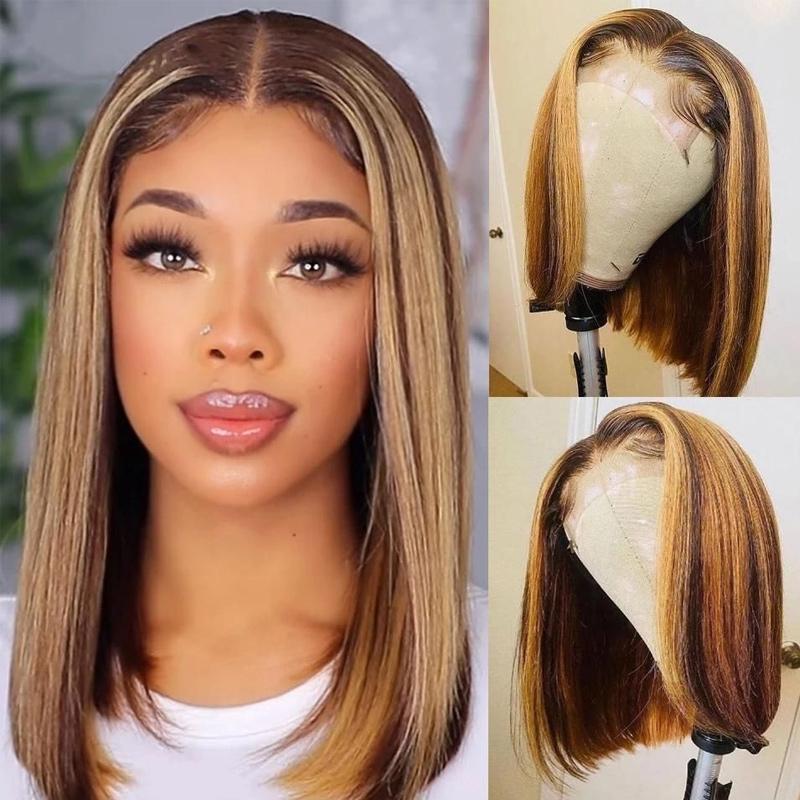 A model displays the UNice 13x4 Lace Front Ombre Color Highlight Straight Bob wig, showing a model with long blonde hair wearing a wig and straight texture, ombre.