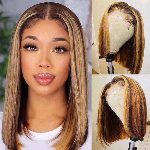 A model displays the UNice 13x4 Lace Front Ombre Color Highlight Straight Bob wig, showing a model with long blonde hair wearing a wig and straight texture, ombre.