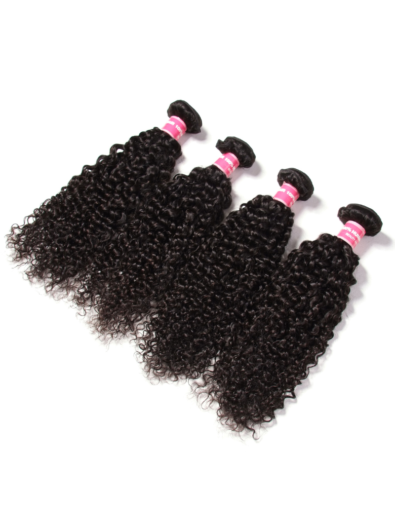 The UNice Brazilian Jerry Curly Virgin Hair 4pcs/pack product image shows brazilian virgin curly hair bundles and jerry curl texture, curly texture.