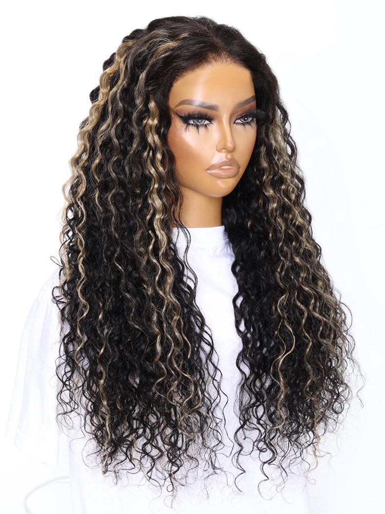 The UNice Pre-Cut 6x4.5 Lace Black With Blonde Highlights Water Wave Wig 180% Density product image shows a wig with curly hair and a white shirt and water wave texture.