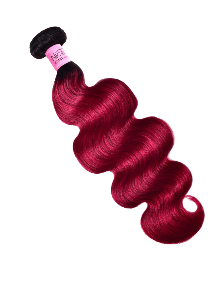 The UNice Pre-Colored Human Hair Weave #TB Burgundy Color Body Wave & Straight Hair bundles image highlights NiCe, a red body wave with black hair and body wave texture.