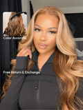 The UNice Fit 18-24 Inch ByeBye Knots Wig 7x5 Pre-Cut Glueless Lace Honey Blonde Body visual image position 5 shows a model with long blonde hair and a black jacket |.