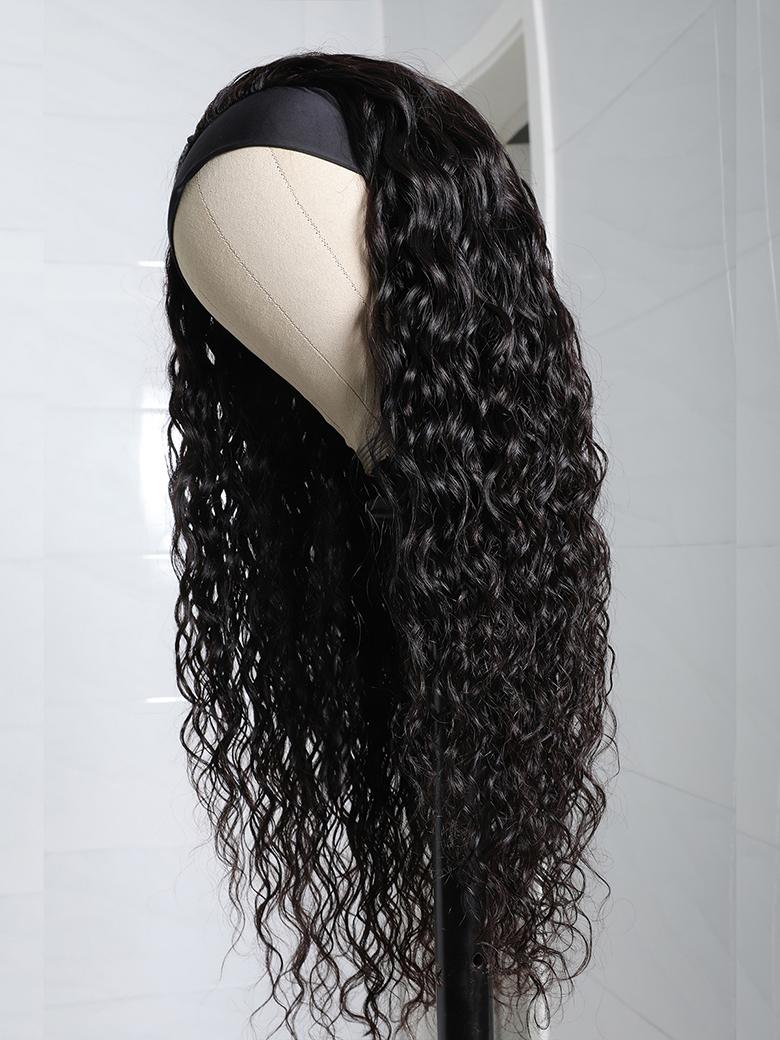 The UNice Put On And Go Water Wave Human Hair Headband Glueless Wig product image shows a wig on a manne and water wave texture, glueless wear.