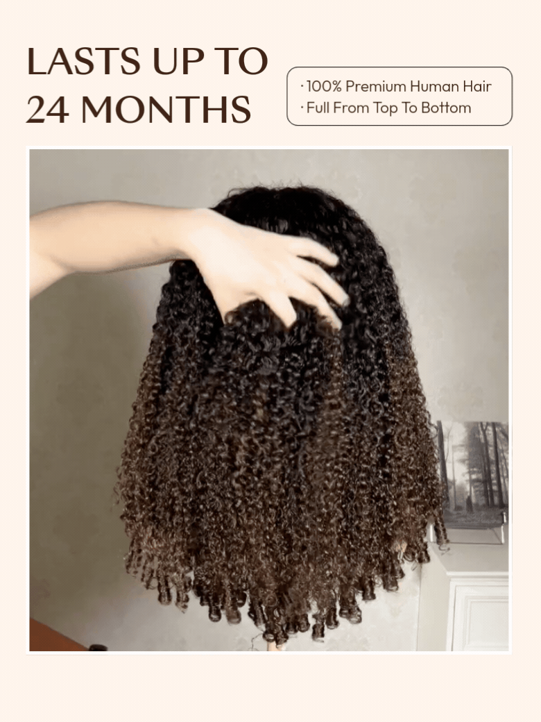 A model displays the UNice 7x5 Bye Bye Slip Glueless Lace Black to Chestnut Brown Ombre Burmese Curly wig, showing a model with long curly hair and a white background.