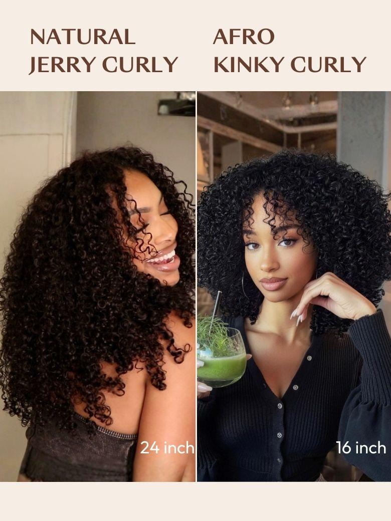 A model displays the UNice InvisiBlend V part Jerry Curly& Kinky Curly Wig Invisi Drawstring Human Hair, showing natural hair natural hair natural hair natural hair.